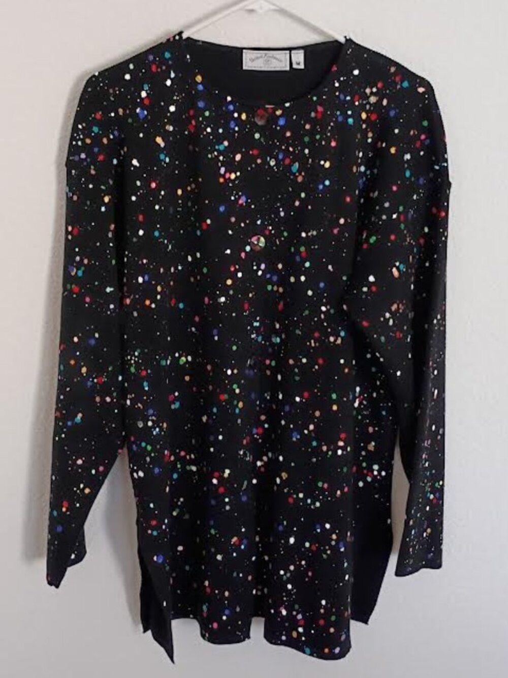 VINTAGE UNITED KNITWEAR WOMEN'S CARDIGAN SWEATER BLACK PAINT SPLATTER SIZE MED